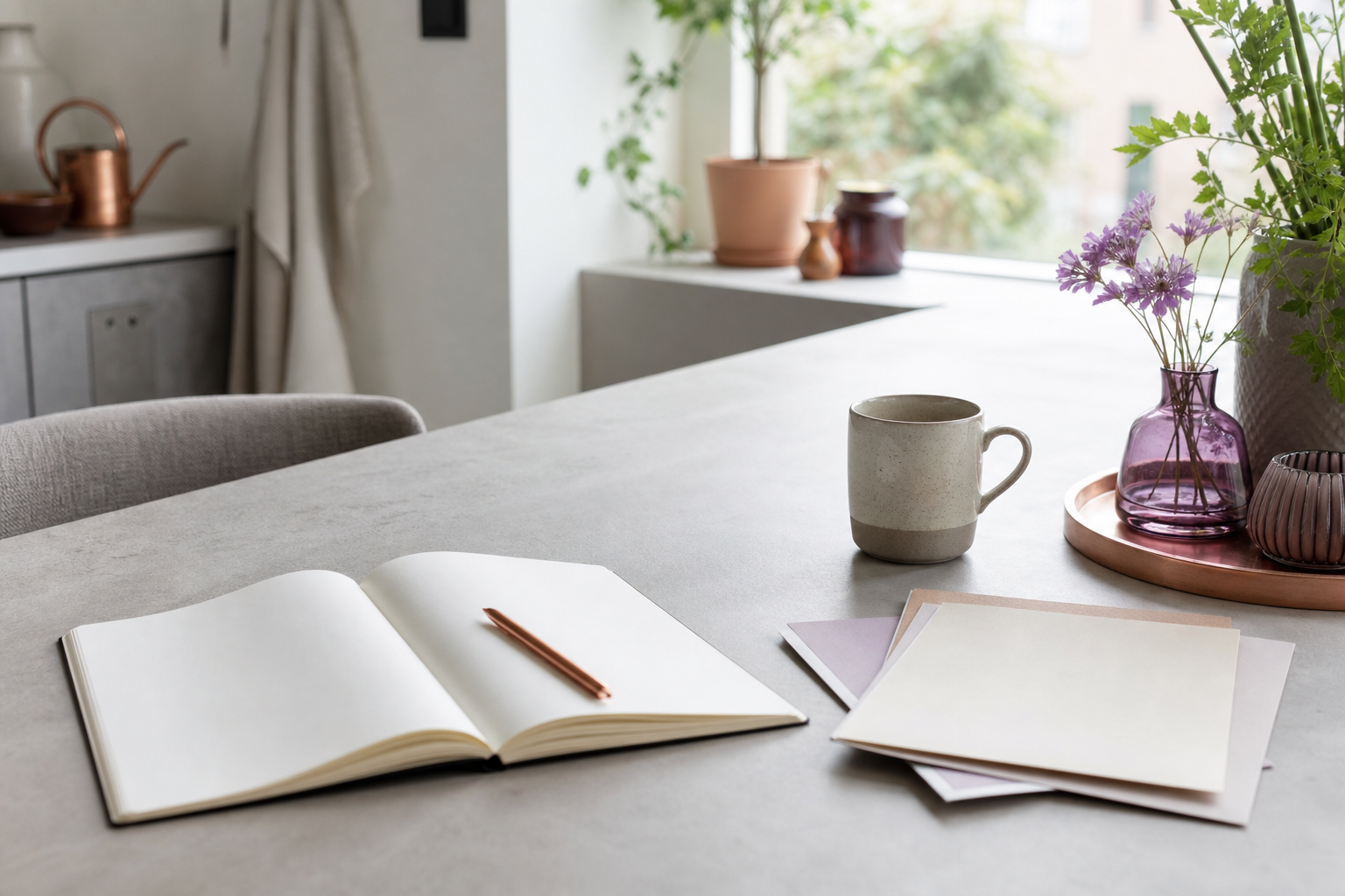 Open notitieboek met koperen pen op een rustige lichtgrijze keukentafel